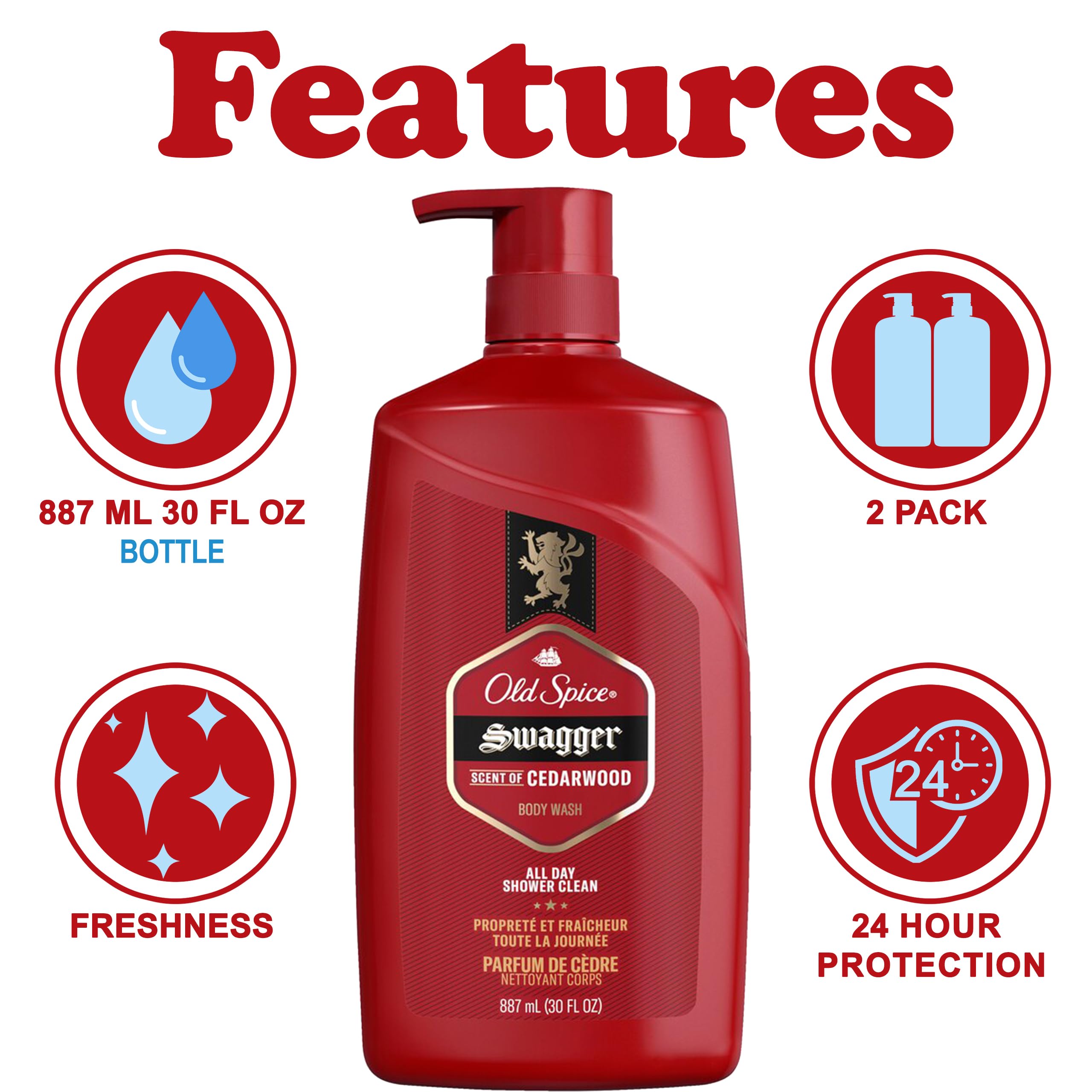 Old Spice Swagger bottle front view, highlighting rich lather and fresh scent.