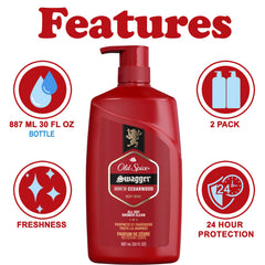 Old Spice Swagger bottle front view, highlighting rich lather and fresh scent.
