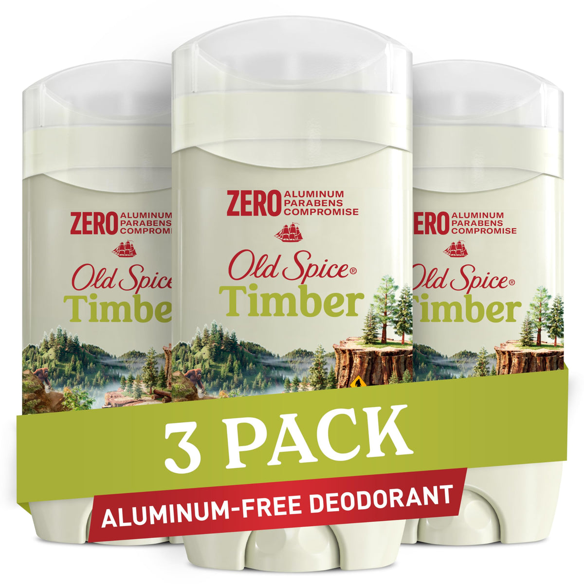 Old Spice Timber pack of 3 deodorants for daily protection.