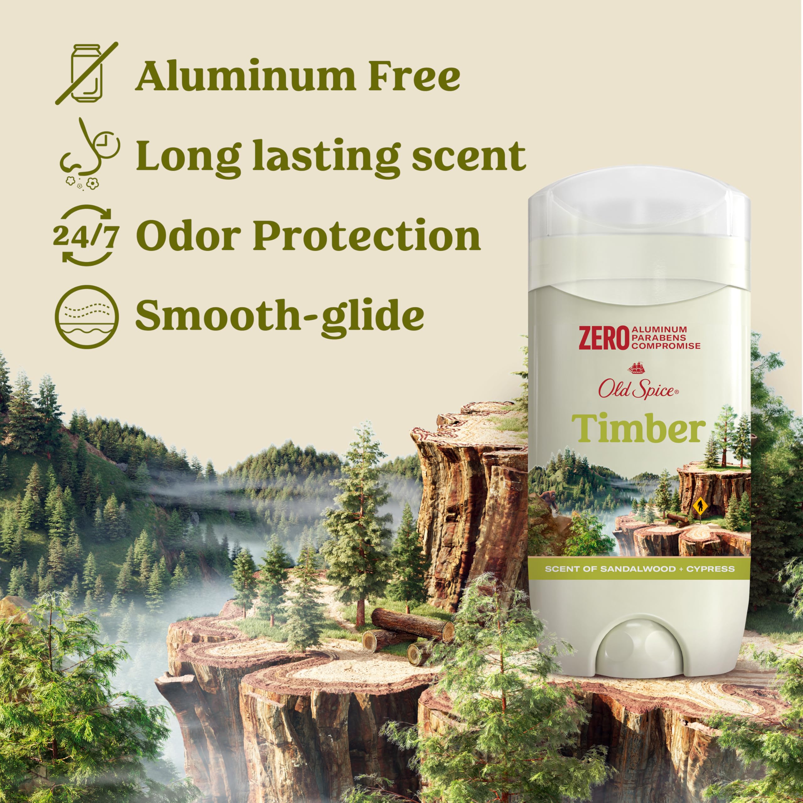 Timber scent combines sandalwood and tonka bean in Old Spice.