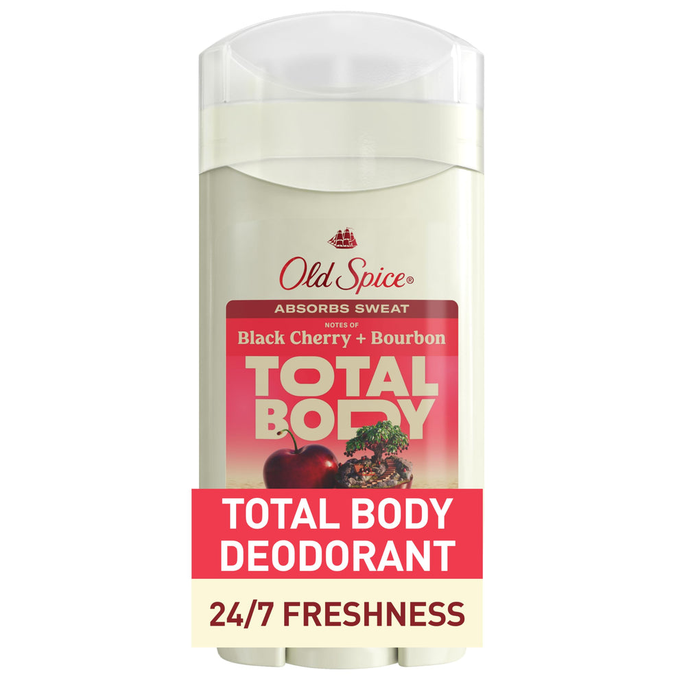 Old Spice Total Body Deodorant Stick packaging with Black Cherry + Bourbon scent.