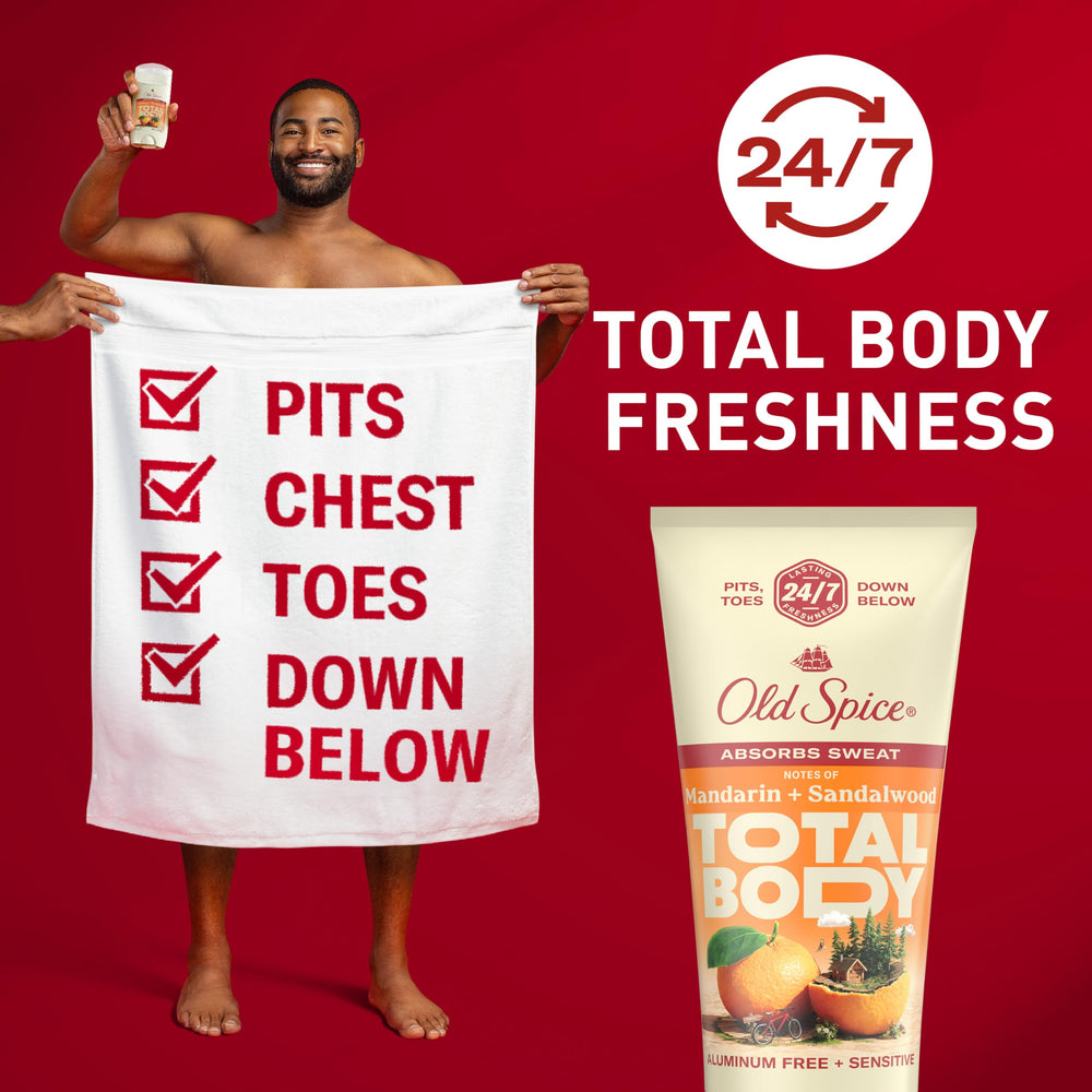 Old Spice Total Body Deodorant used underarms for all-day freshness.