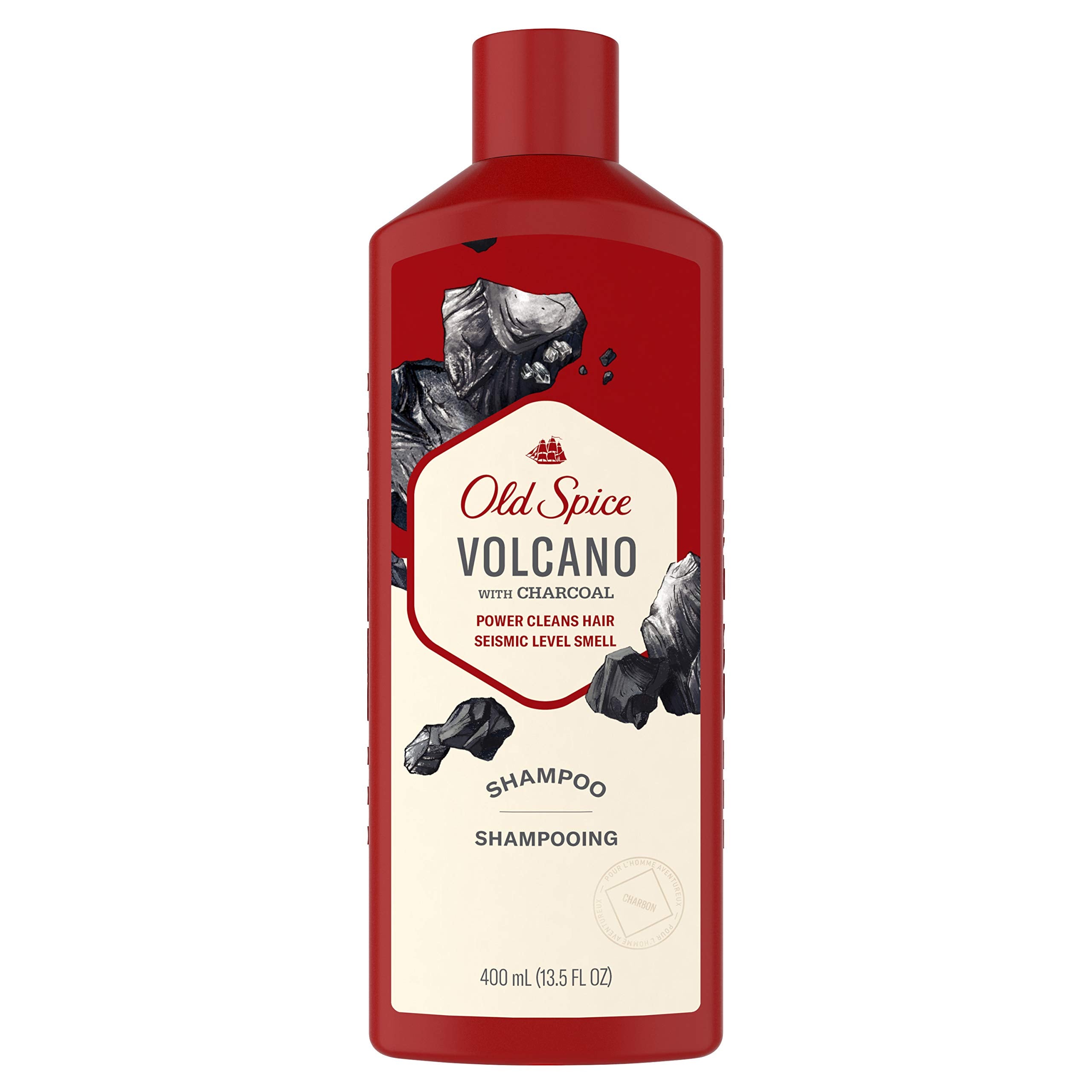 Old Spice Volcano with Charcoal bottle front, bold citrus-amber scent for a refreshed wash
