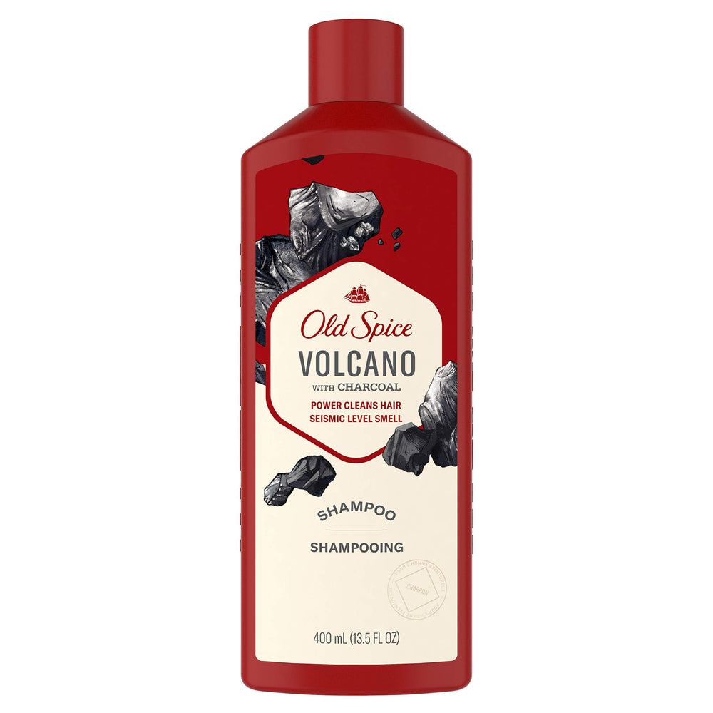 Old Spice Volcano with Charcoal bottle front, bold citrus-amber scent for a refreshed wash