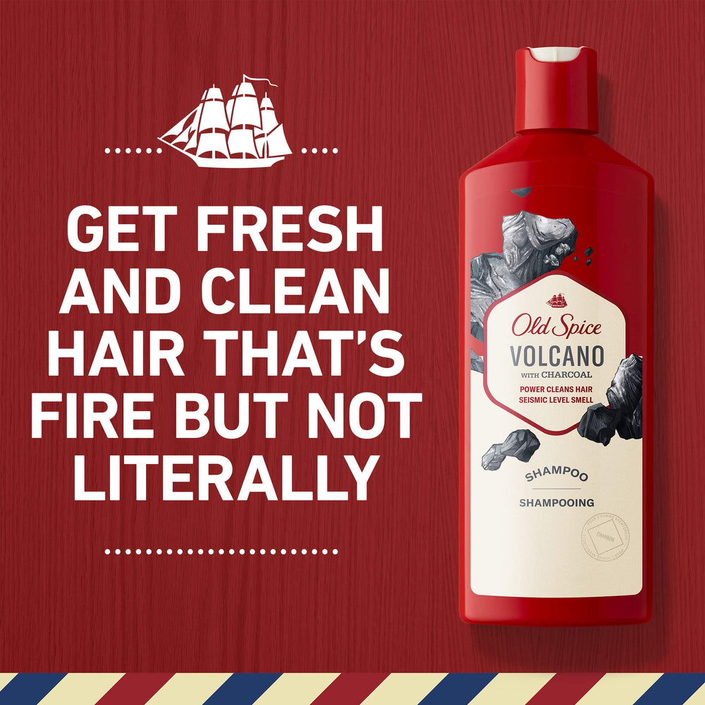 Old Spice Volcano with Charcoal, barbershop-inspired packaging on display, confidence-boosting grooming ritual