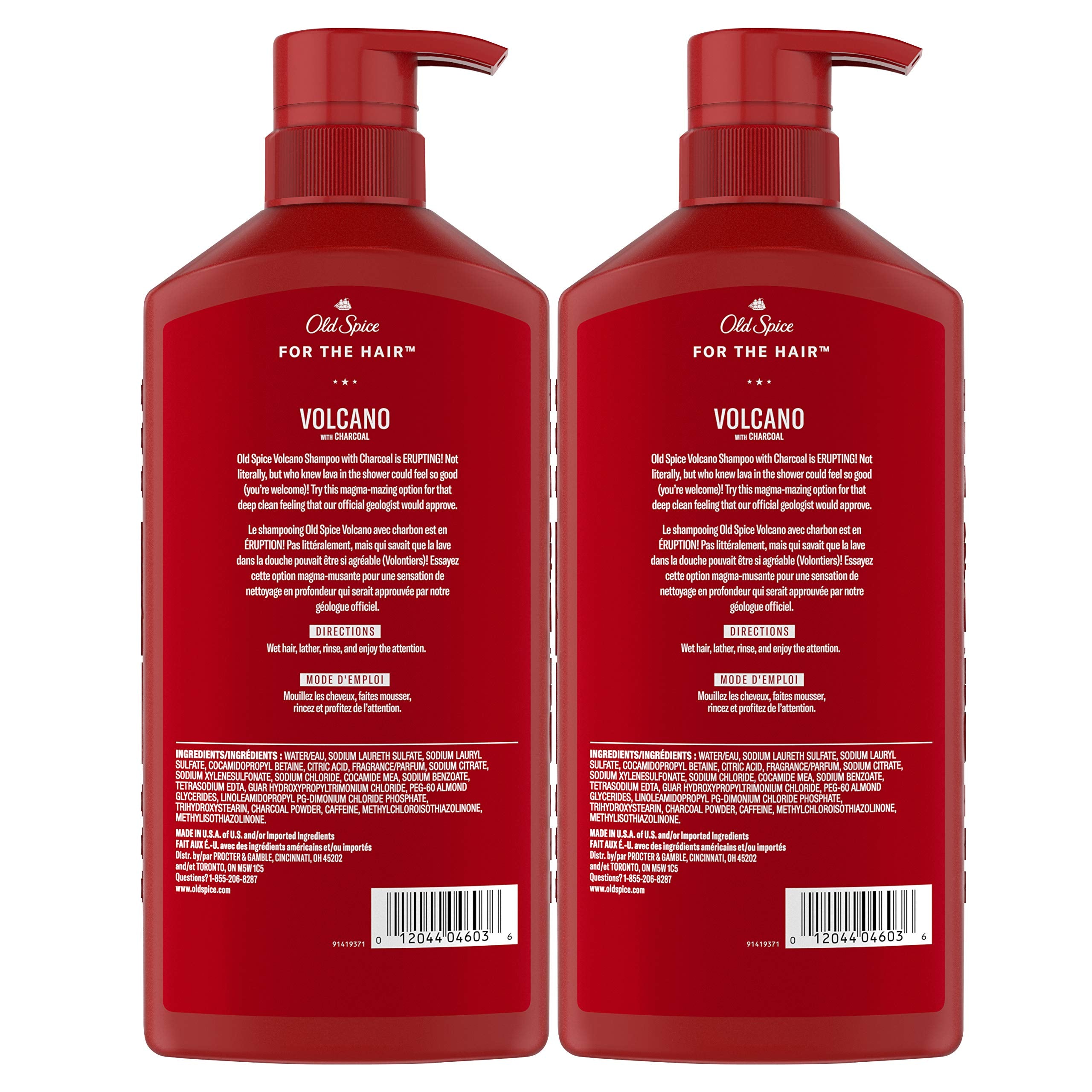 Old Spice Volcano Shampoo barbershop-quality look hints at premium grooming.