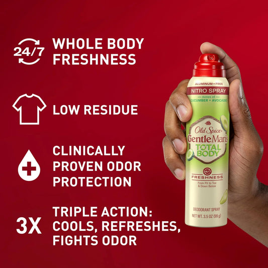 Old Spice Whole Body Spray applied to chest and underarms for comprehensive odor protection.