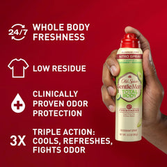 Old Spice Whole Body Spray applied to chest and underarms for comprehensive odor protection.