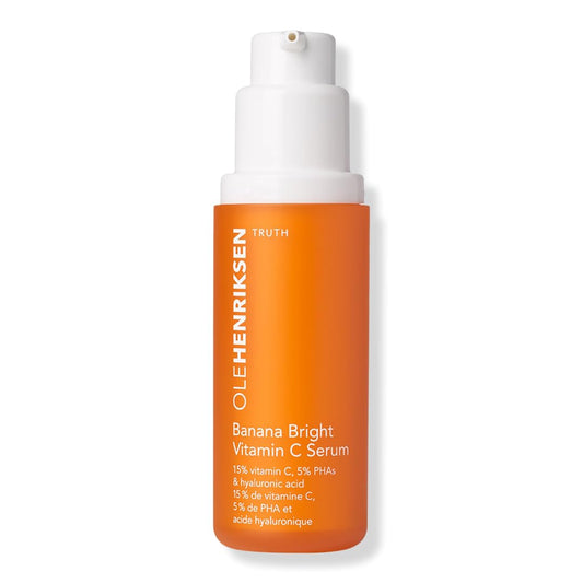 Ole Henriksen Banana Bright Vitamin C Serum bottle on a vanity, brightening the complexion.