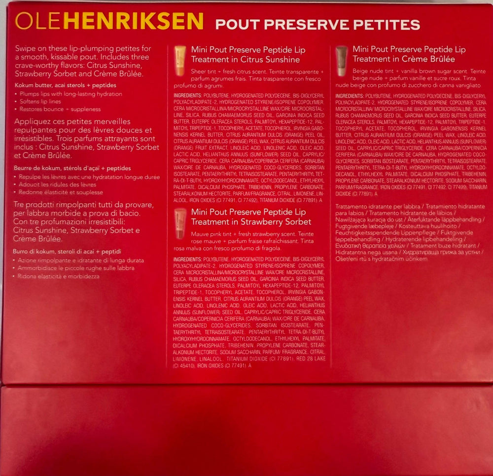 Ole Henriksen Pout Preserve Petites Trio with Strawberry Sorbet and Creme Brulee, nourishing and softening lips.