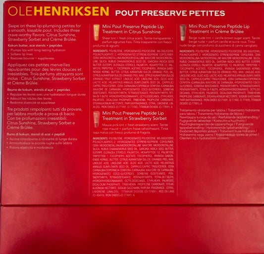Ole Henriksen Pout Preserve Petites Trio with Strawberry Sorbet and Creme Brulee, nourishing and softening lips.