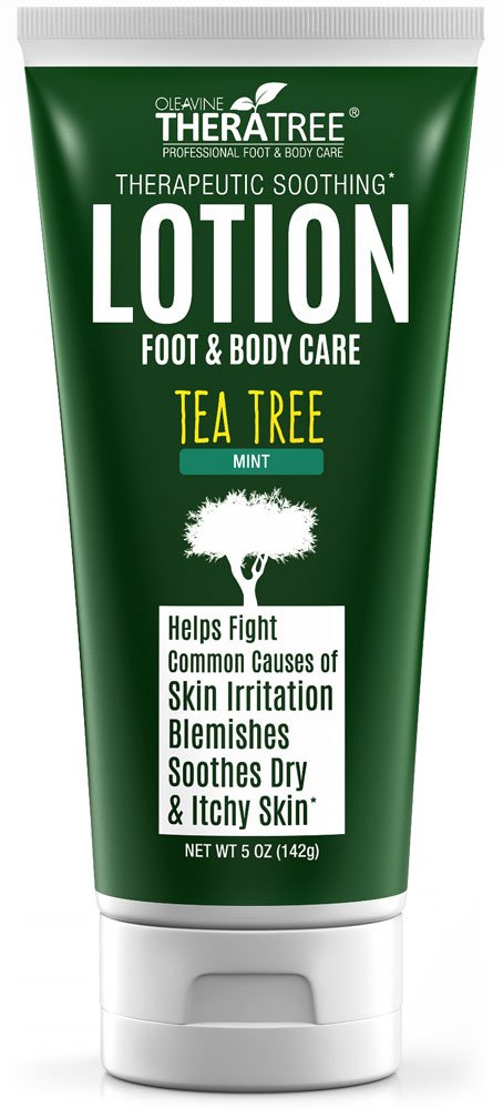 Oleavine Tea Tree Lotion bottle front view for soothing foot and body care