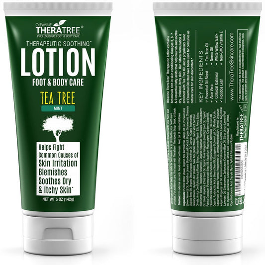 Oleavine TheraTree lotion pump showing easy application for quick relief.