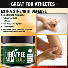 Applying Oleavine TheraTree Balm with gentle massage for irritation relief.