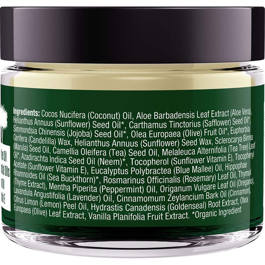 Oleavine TheraTree Balm jar close-up showing a smooth, non-greasy texture.