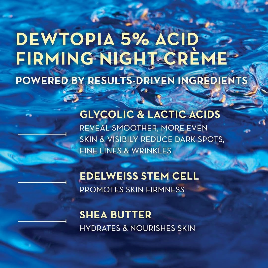 Dewtopia 5% AHA label close-up notes glycolic and lactic exfoliation benefits.