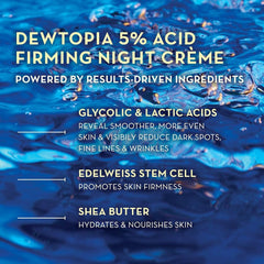 Dewtopia 5% AHA label close-up notes glycolic and lactic exfoliation benefits.