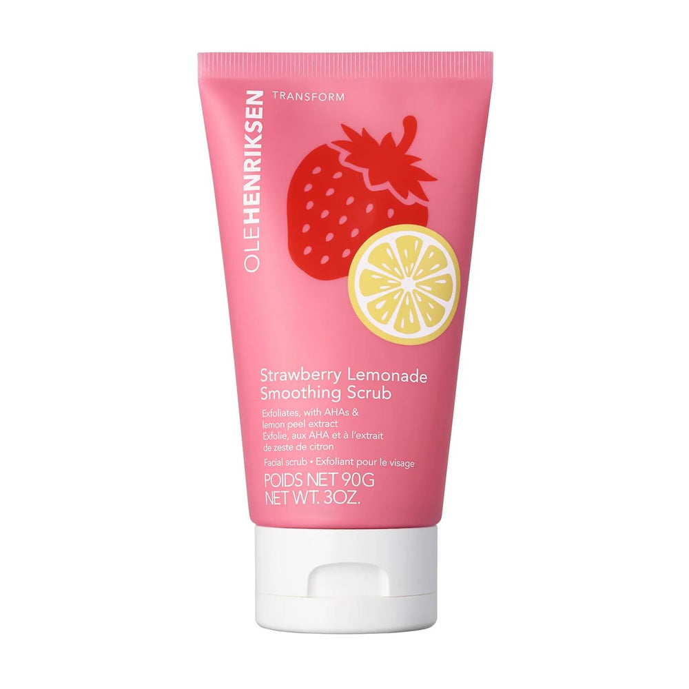 Ole Henriksen 10% AHA Strawberry Lemonade Smoothing Scrub jar for smooth, refined skin texture.