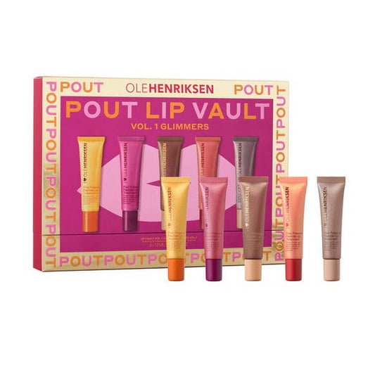 Ole Henriksen Pout Preserve Glimmer Strawberry Sorbet on lips adds radiant shine and a fuller look.