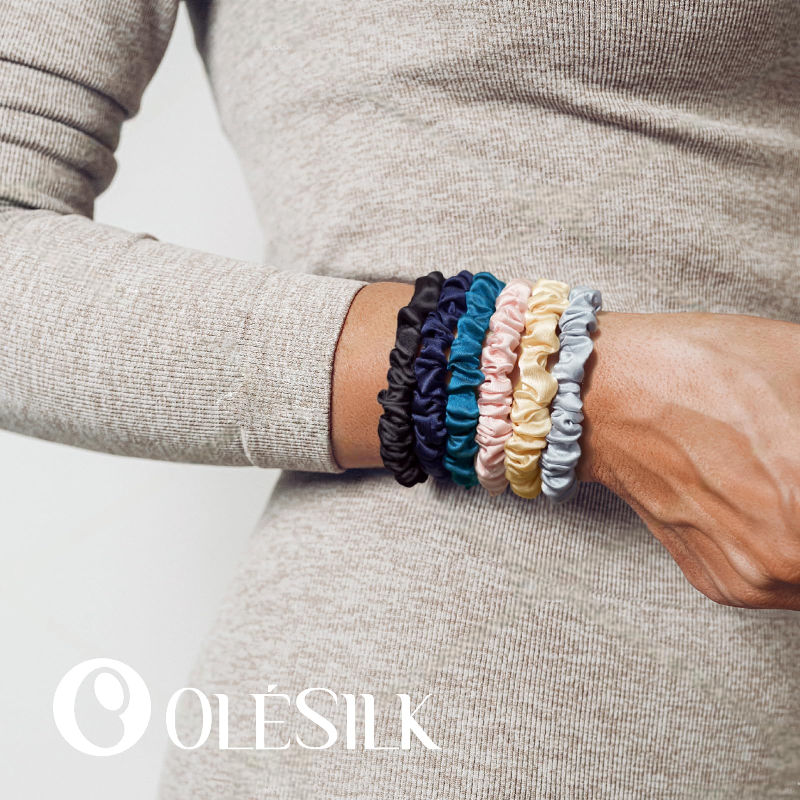 OLESILK silk hair ties worn as bracelets show versatile, convenient wear.