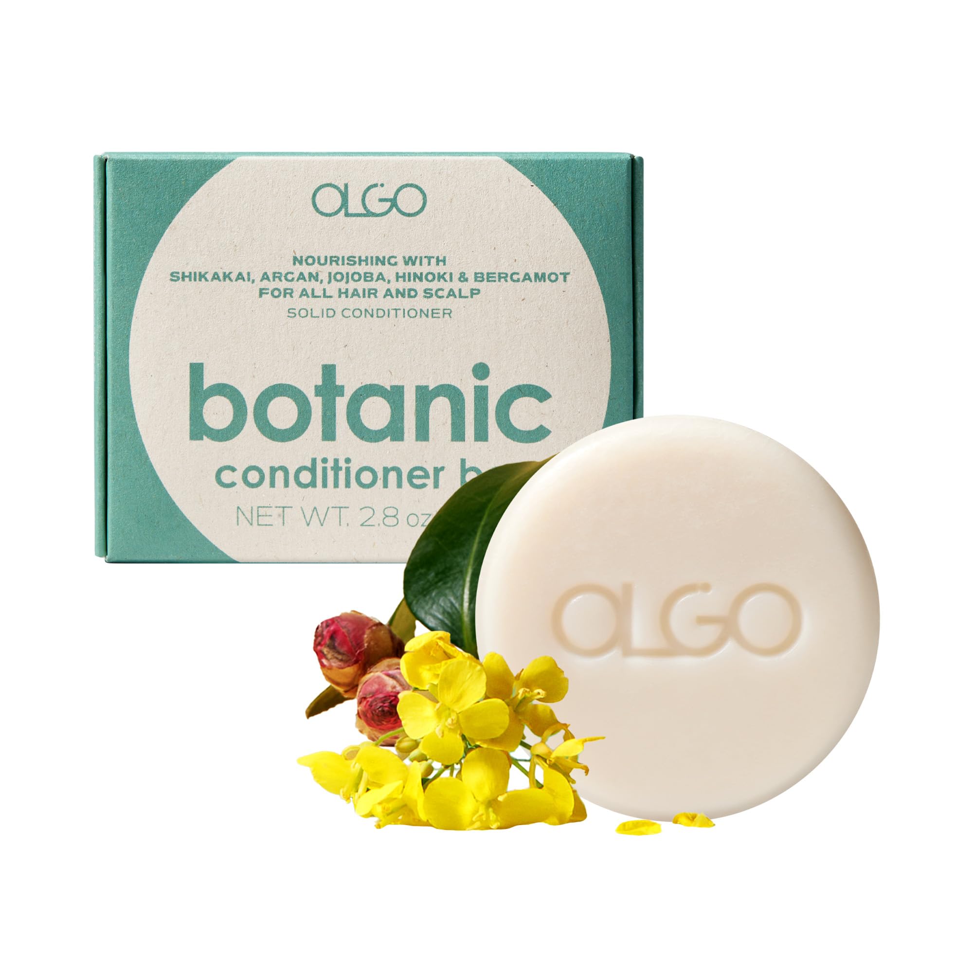 OLGO Botanic Conditioner Bar packaging promotes eco-friendly routines.