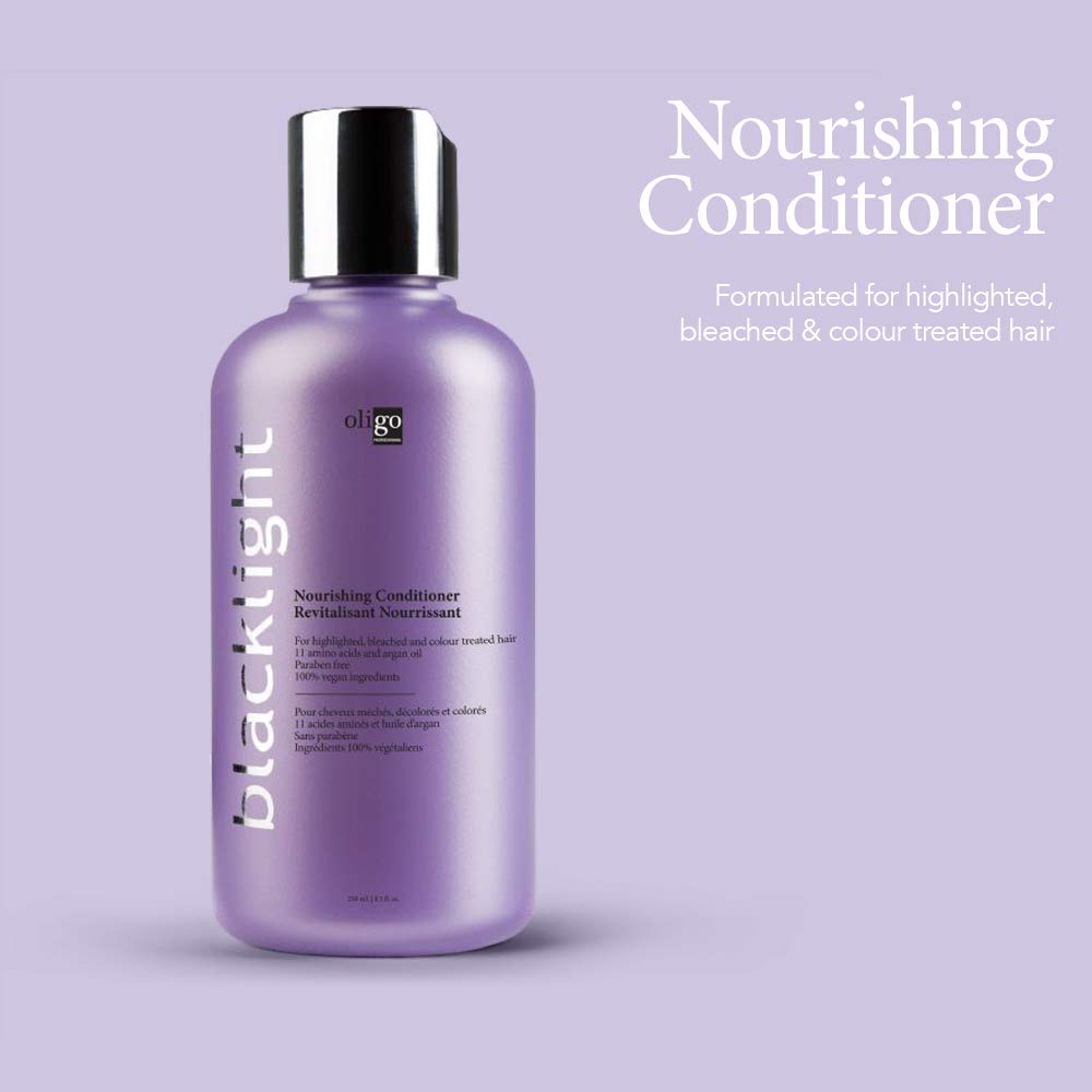 Oligo Blacklight Nourishing Conditioner label closeup showing vegan, color-friendly formula