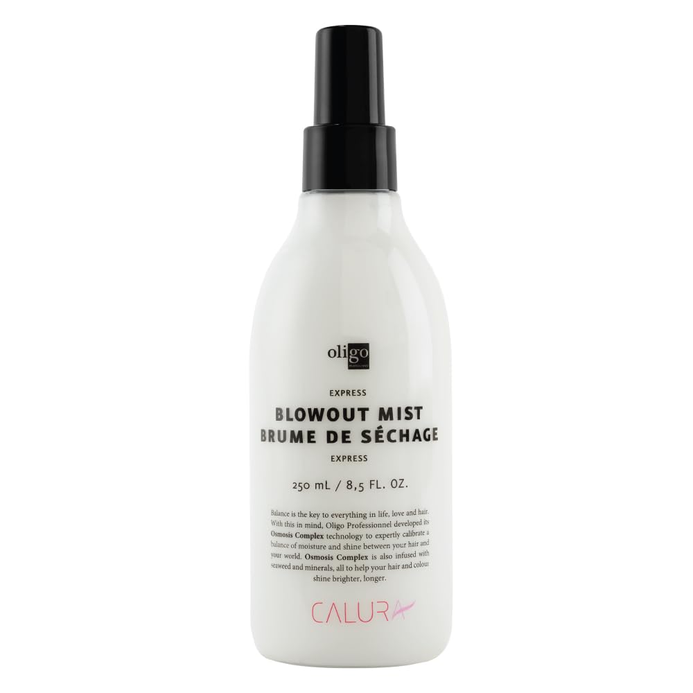 Oligo Calura Express Blowout Mist bottle front offering heat protection for faster blow-drying