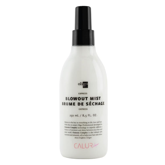 Oligo Calura Express Blowout Mist bottle front offering heat protection for faster blow-drying