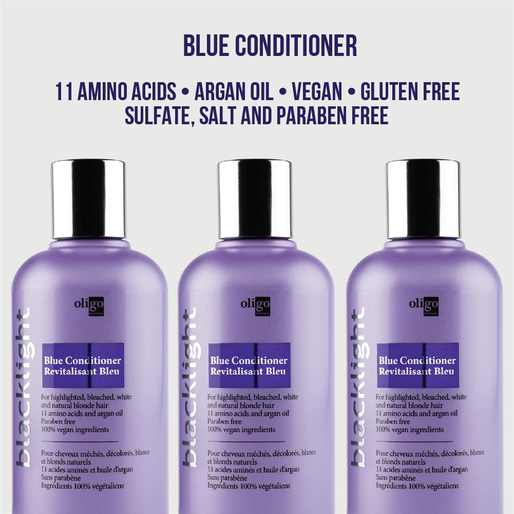 Oligo Professionnel Blacklight Blue Conditioner includes argan oil for shine and hydration.