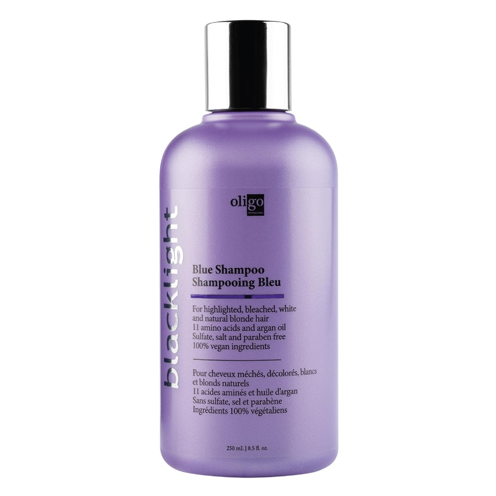 OLIGO PROFESSIONNEL Blacklight Blue Shampoo bottle front, sulfur-free formula for color-treated hair.
