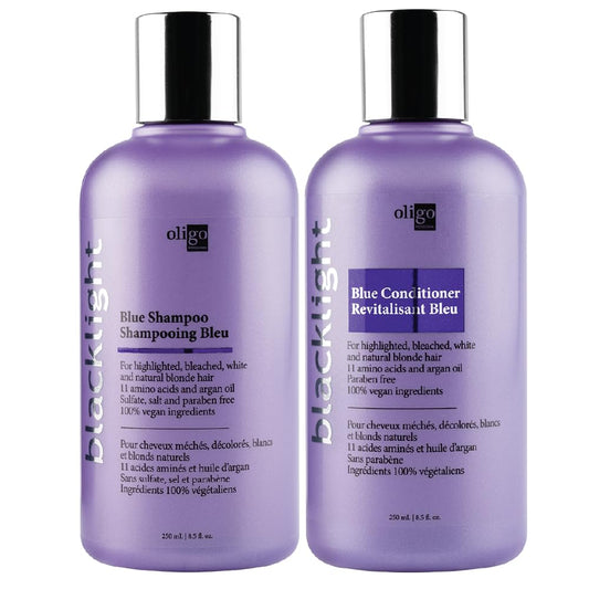 Oligo Professionnel Blacklight Blue Shampoo bottle neutralizes brass for blondes.