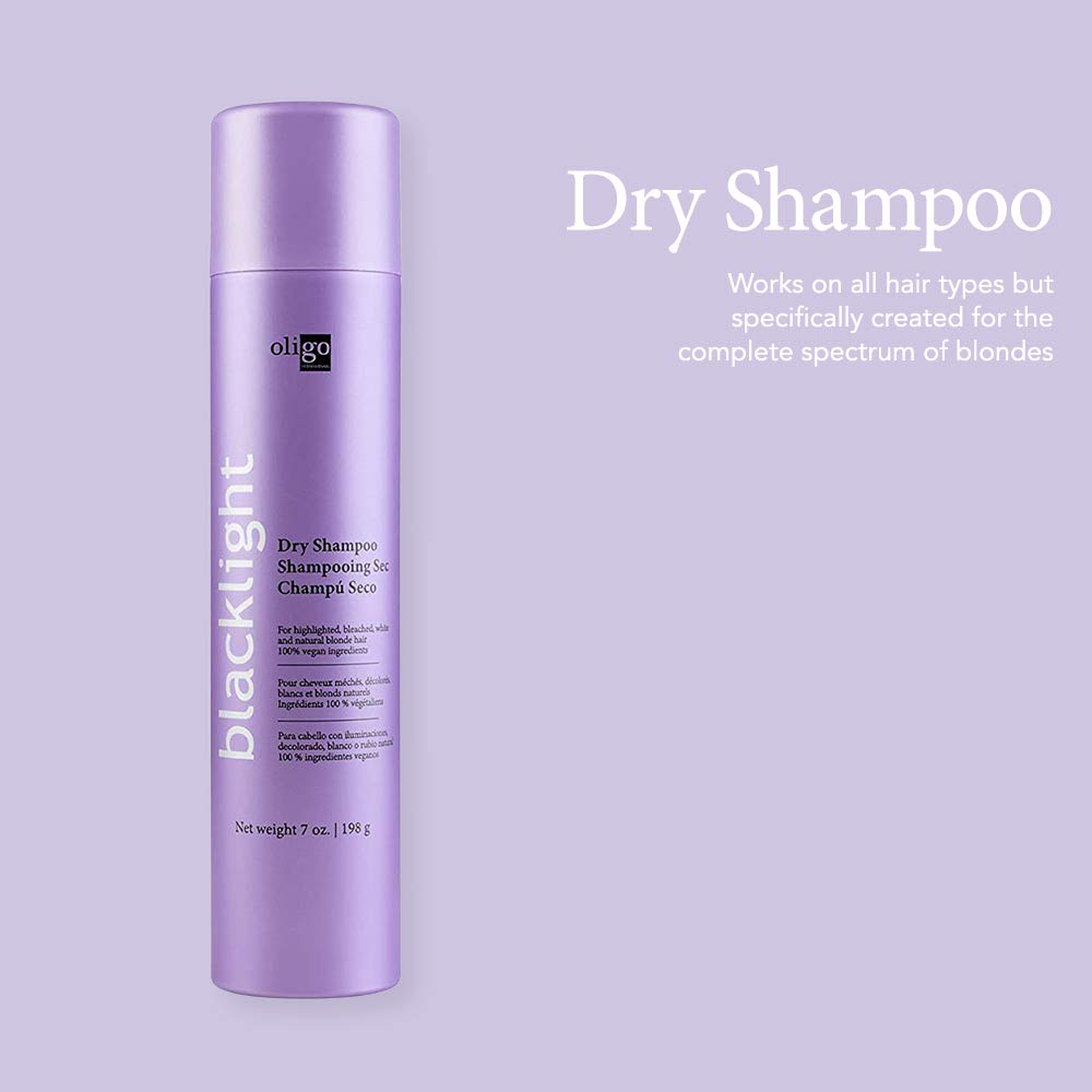 Oligo Professionnel Blacklight Dry Shampoo bottle pour demonstrates effortless root refresh between washes.