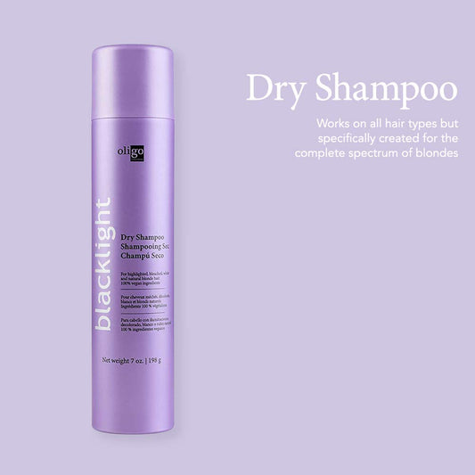 Oligo Professionnel Blacklight Dry Shampoo bottle pour demonstrates effortless root refresh between washes.
