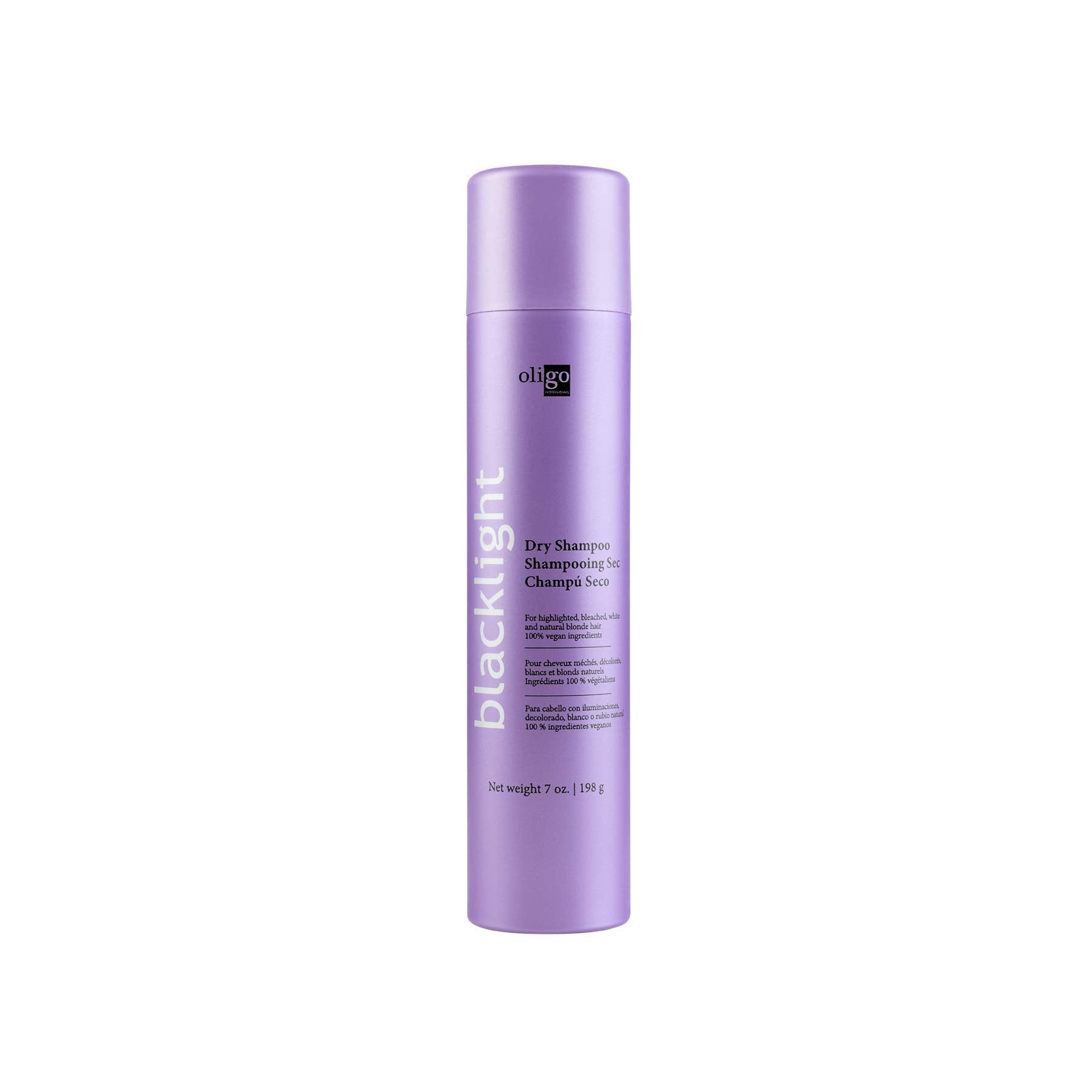 Oligo Professionnel Blacklight Dry Shampoo packaging highlights blond-friendly formula for quick refresh.