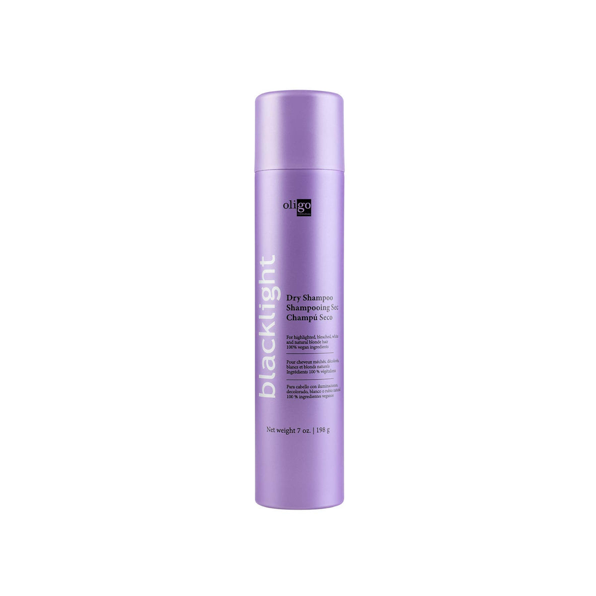 Oligo Professionnel Blacklight Dry Shampoo packaging highlights blond-friendly formula for quick refresh.