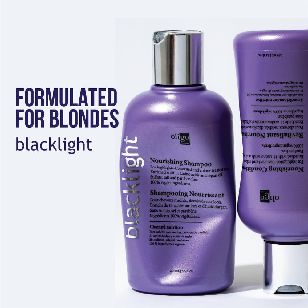 Oligo Professionnel Blacklight for blondes bottle shows smooth bleached hair texture.