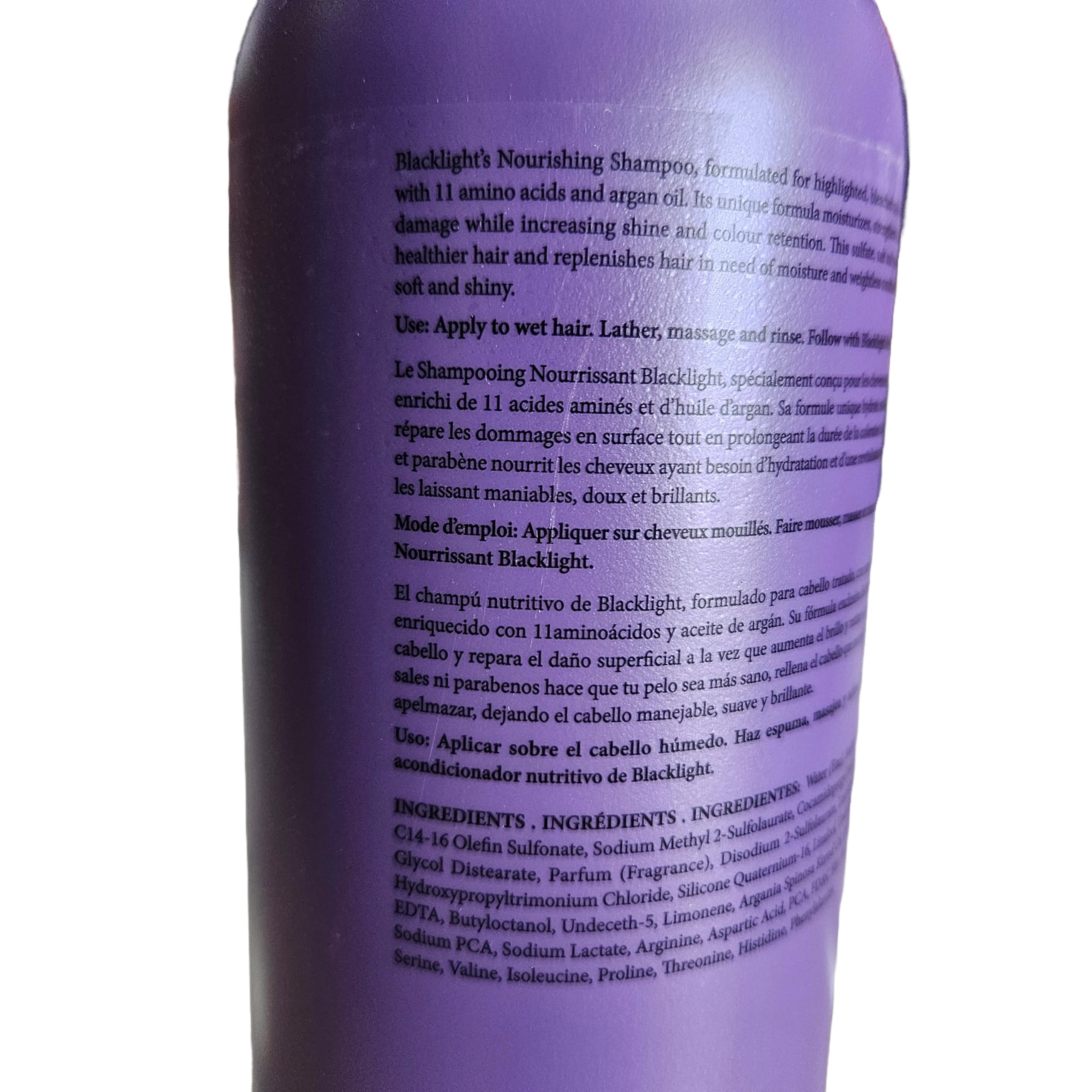 Oligo Professionnel Blacklight shampoo hair shine closeup implies radiant results.
