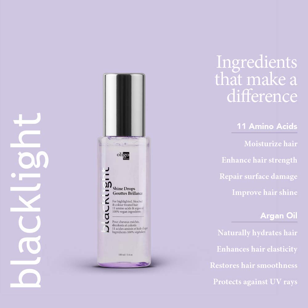 Oligo Professionnel Blacklight Shine Drops on-hair-damp demonstrates instant shine and conditioning on damp strands.