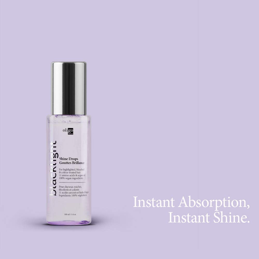 Oligo Professionnel Blacklight Shine Drops shine-finish shows radiant sheen after styling.