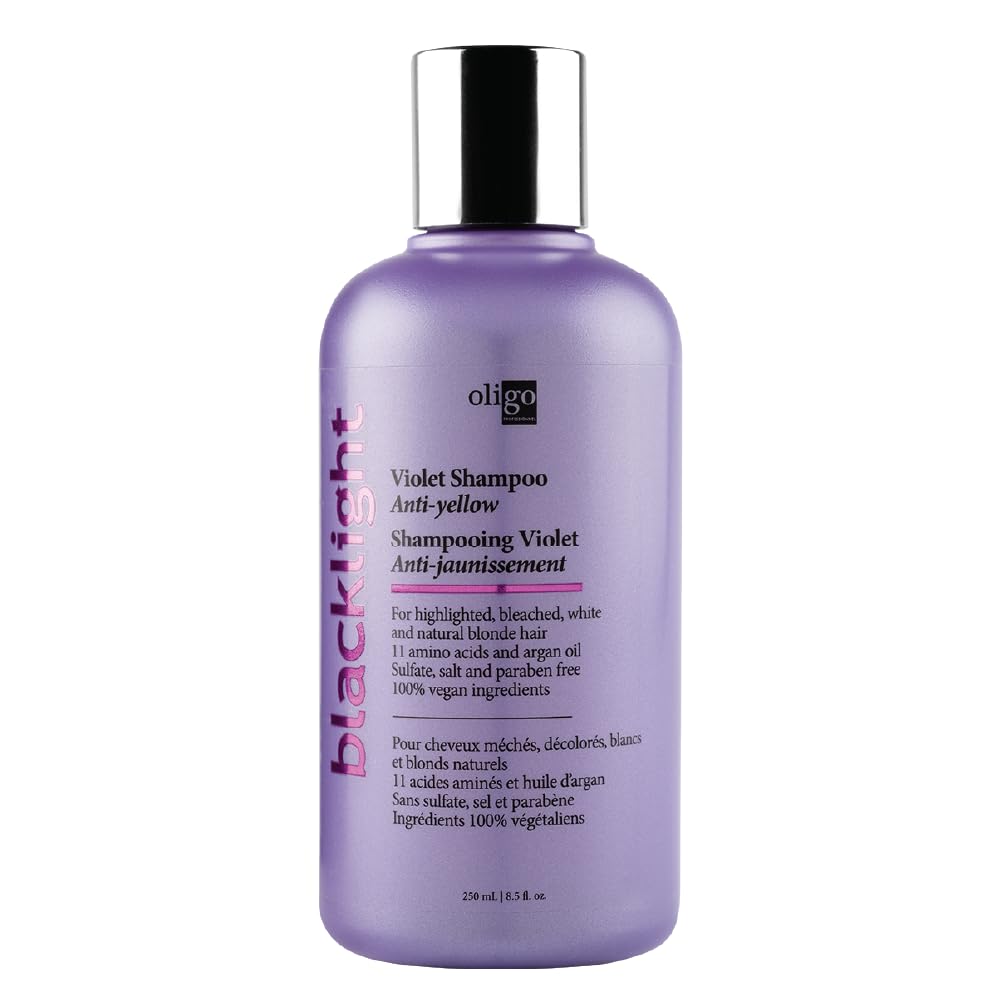 Oligo Professionnel Blacklight Violet Shampoo bottle with violet glow for blond maintenance