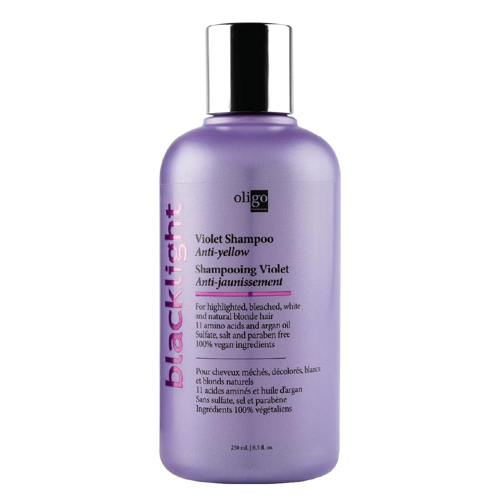 Oligo Professionnel Blacklight Violet Shampoo bottle with violet glow for blond maintenance