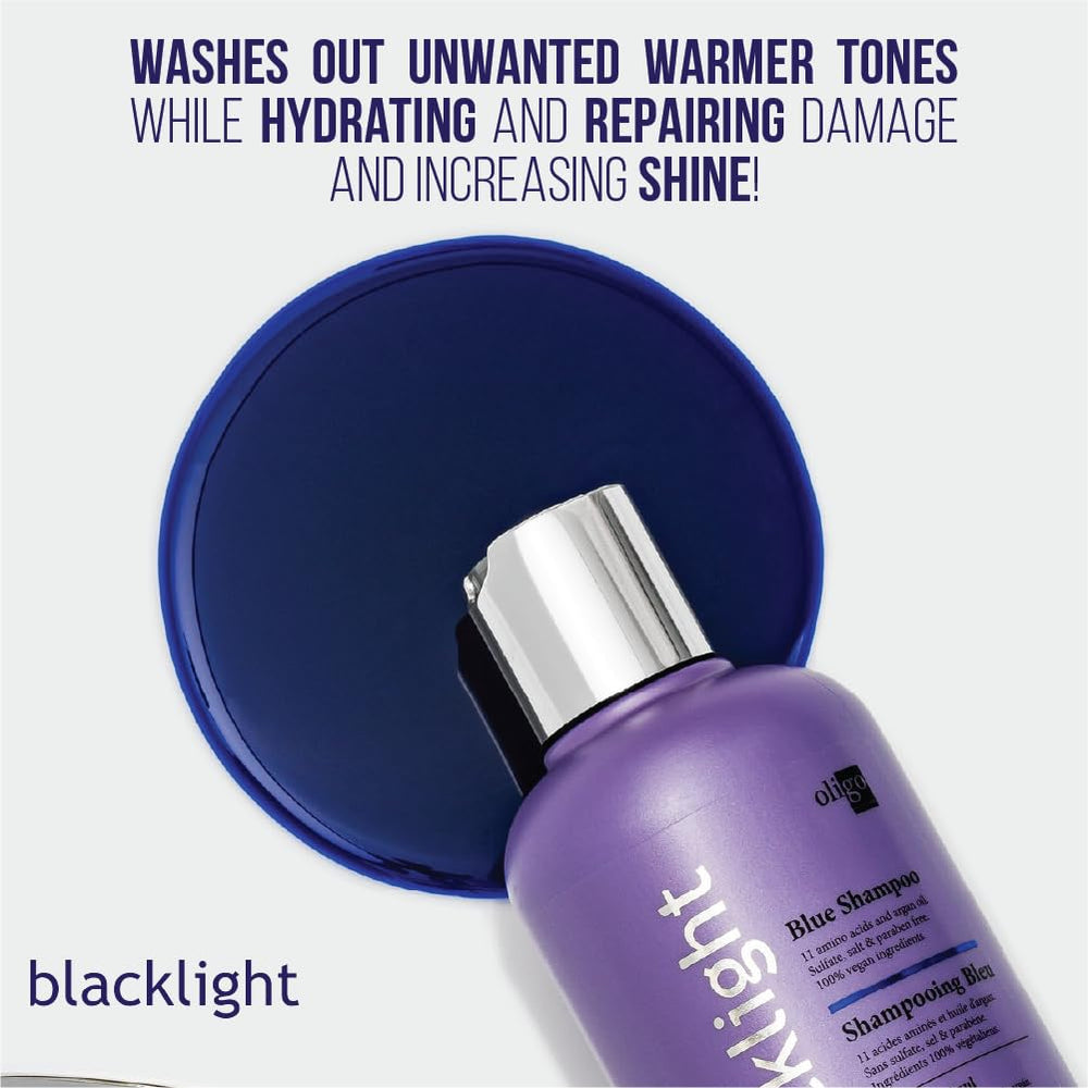 OLIGO PROFESSIONNEL Blue shampoo lather on hair neutralizes brassiness.