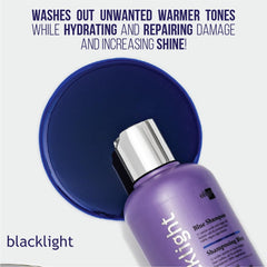 OLIGO PROFESSIONNEL Blue shampoo lather on hair neutralizes brassiness.