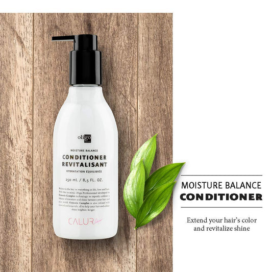 Oligo Calura Moisture Balance conditioner being poured onto wet hair for detangling