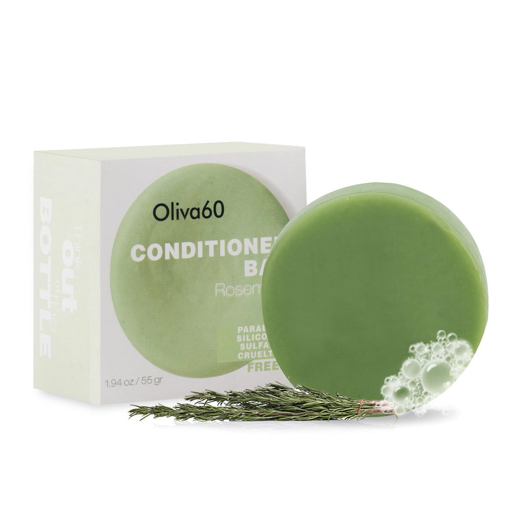 Oliva60 Rosemary Conditioner Bar closeup highlighting rich texture for deep hydration and detangling.
