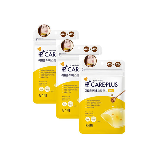 OLIVE YOUNG Care Plus Spot Patch on a blemish for discreet coverage and protection.