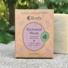 Olively Enchanted Woods soap packaging showcases natural ingredients and vegan formula.