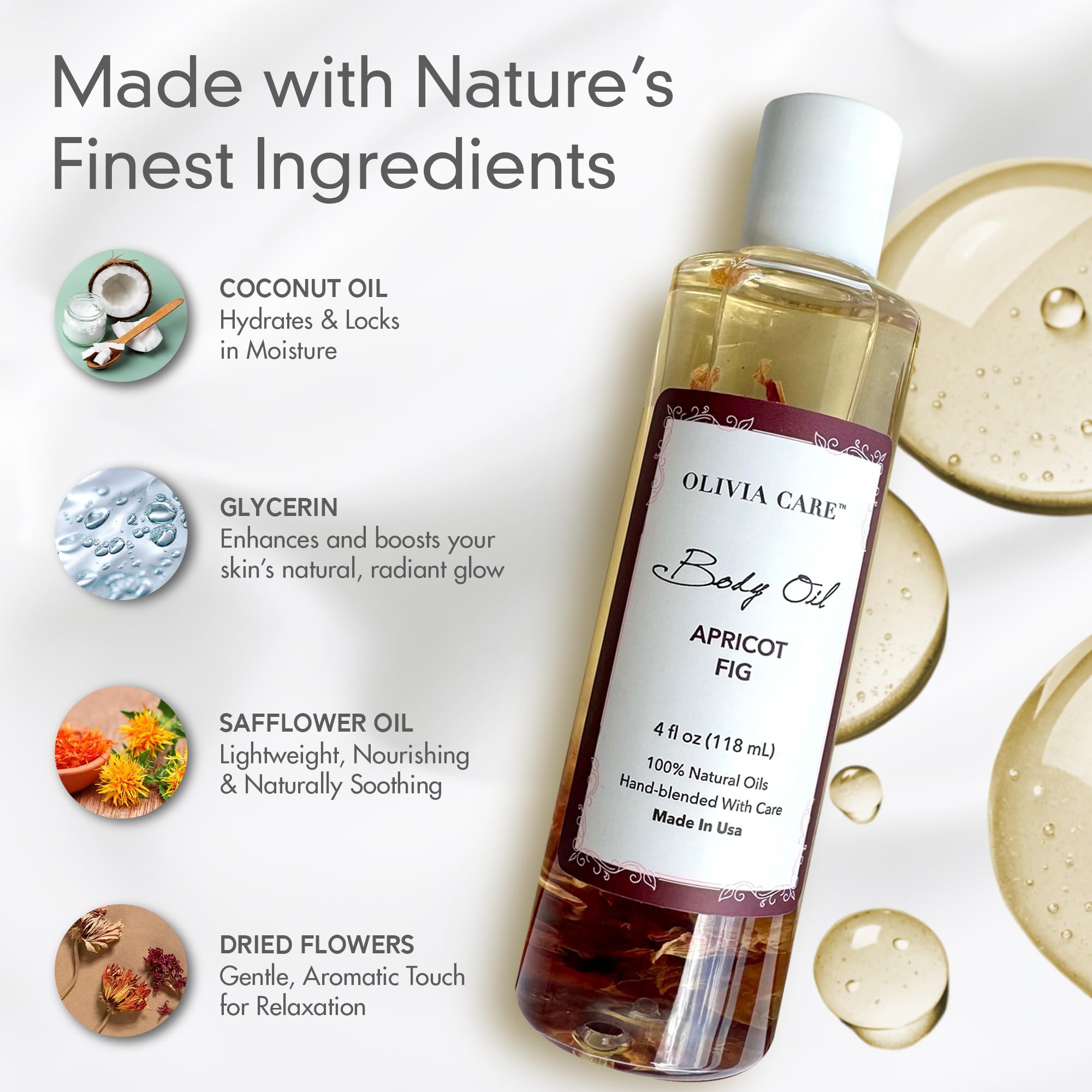 Olivia Care Apricot Fig Body Oil being massaged onto skin.