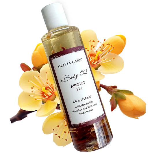 Olivia Care Apricot Fig Body Oil bottle ready to hydrate skin.