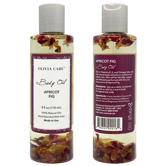 Olivia Care Apricot Fig Body Oil texture shown for easy absorption.